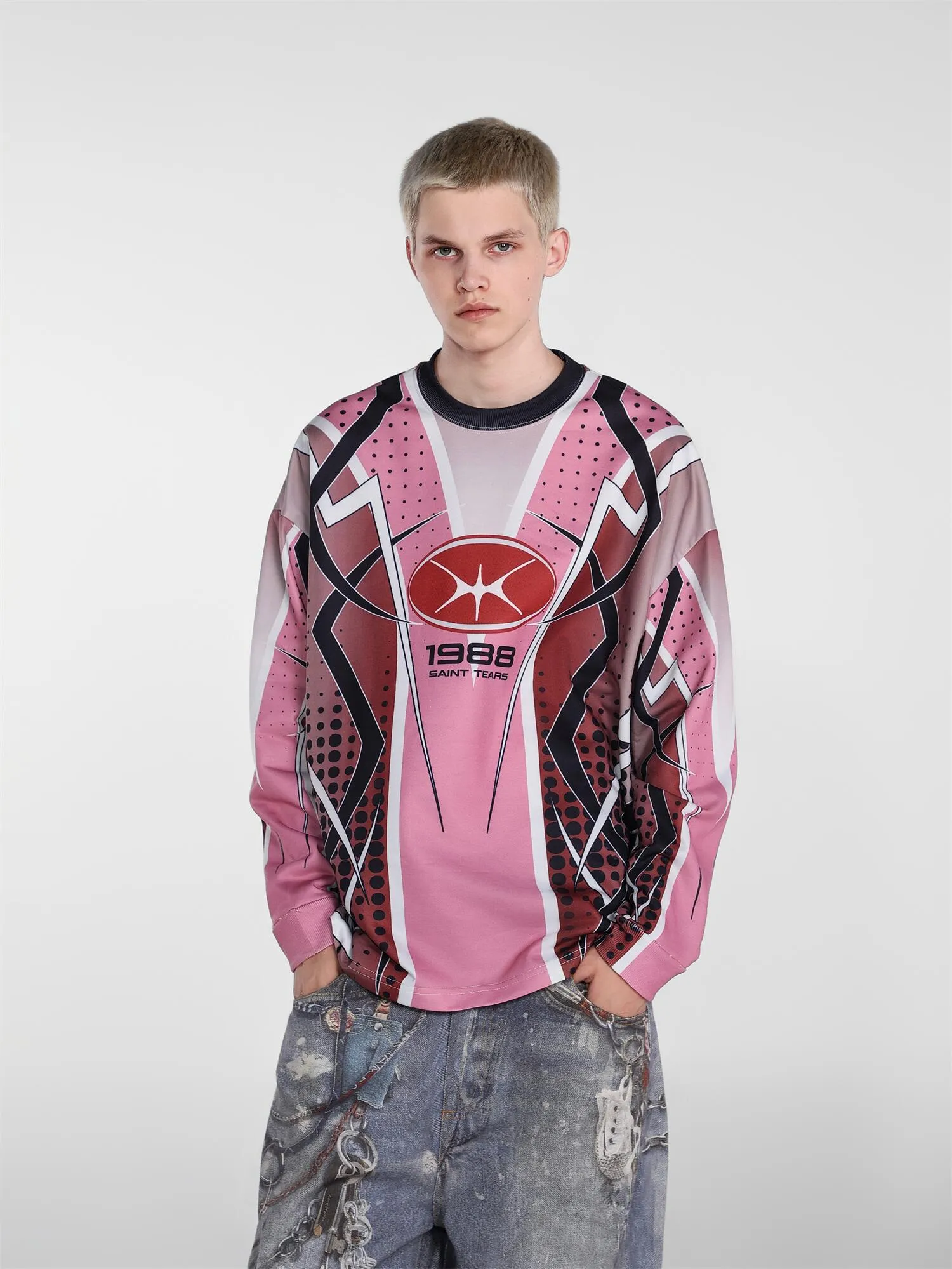 Saint michael tears all-over printed long-sleeved vintage autumn and winter T-shirt Style number: 120 Size: M L XL Wholesale price: 136 Color: blue pink